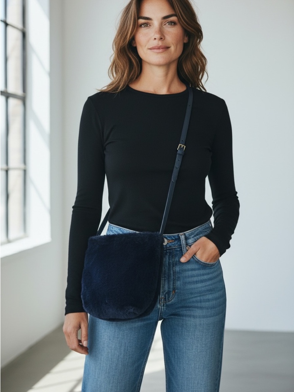 Mansur Gavriel luxury navy faux fur crossbody bucket bag adjustable strap